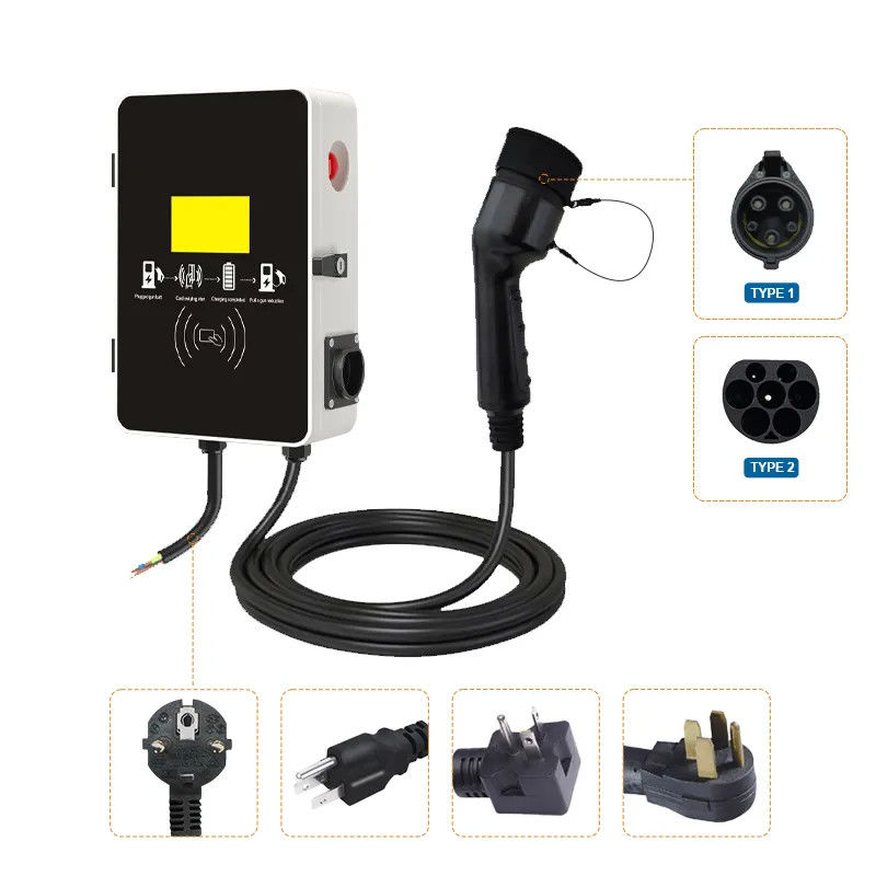 Estación de carga de vehículos eléctricos de 7kw de 3 fases de caja eléctrica rápida montada en la pared Tipo 1 y Tipo 2