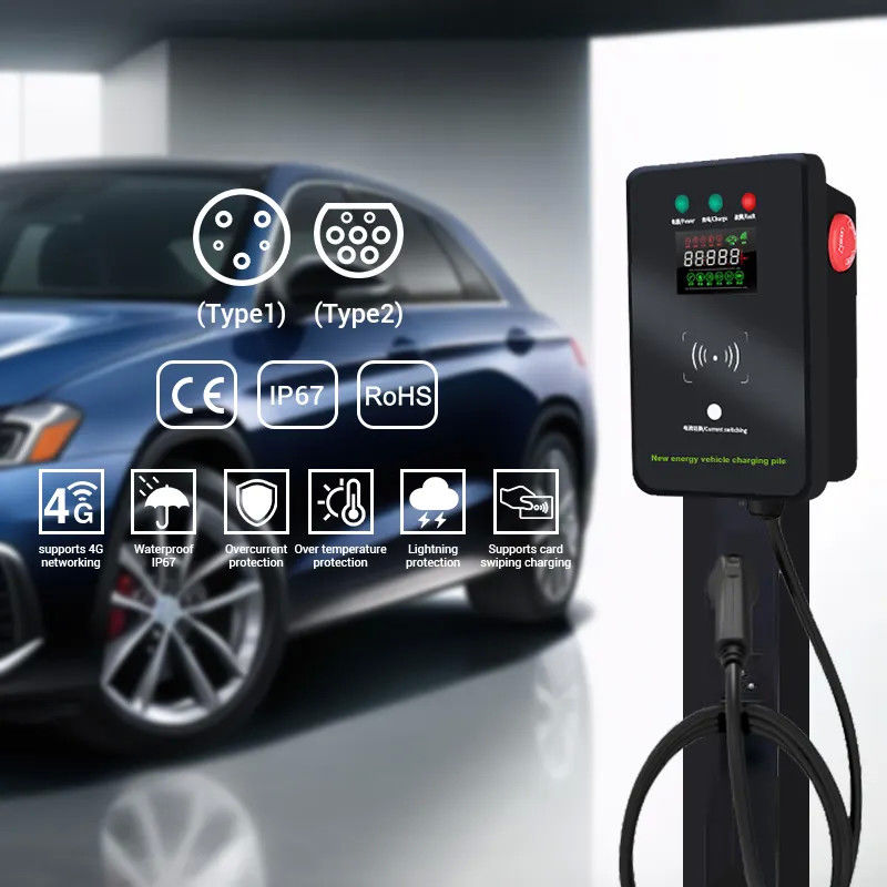 Tipo1 y Tipo2 Estación de recarga de vehículos eléctricos con pantalla inteligente más grande montada en la pared